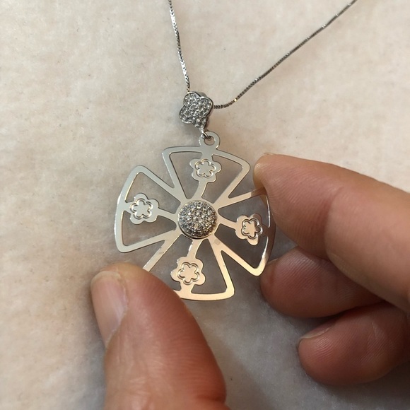 925 Sterling Silver Necklace Chain 19” Big Pendant White CZ Turkish Handmade - Picture 7 of 9